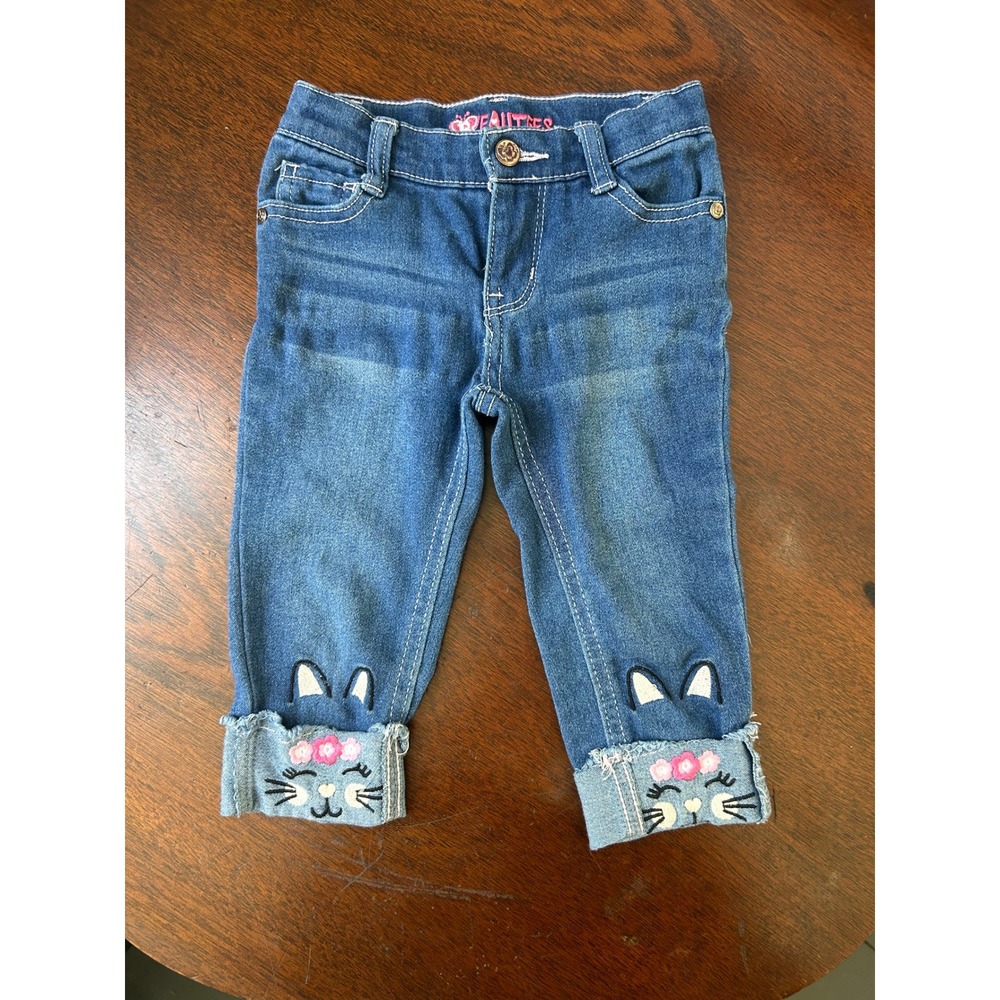 B-EAUTEES Toddler Girls Cat Embroidered Cuffed Denim Jeans Blue Size 2T